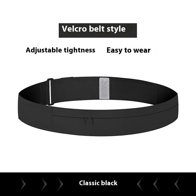 Black velcro belt with text highlighting features on a white background
