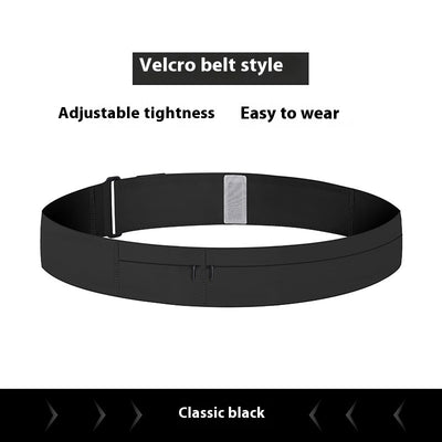 Black velcro belt with text highlighting features on a white background