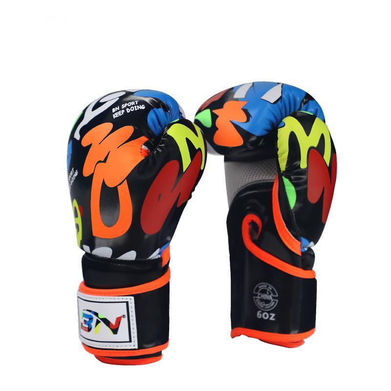Colorful boxing gloves with abstract designs on a white background