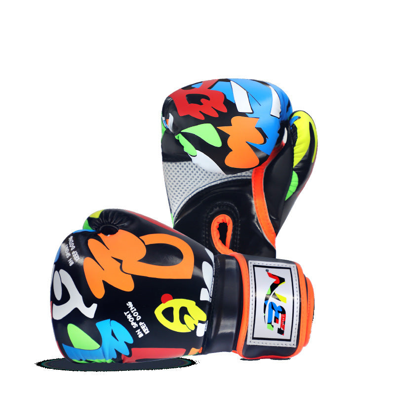 Colorful boxing gloves with a brand logo 