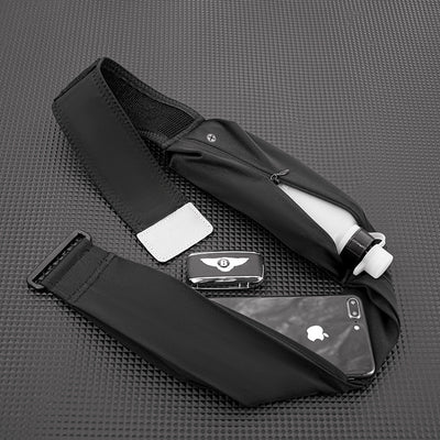 Black waist bag with phone and Bentley key fob on a textured gray surface