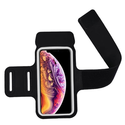 Black armband with phone case displaying a colorful phone screen on a white background
