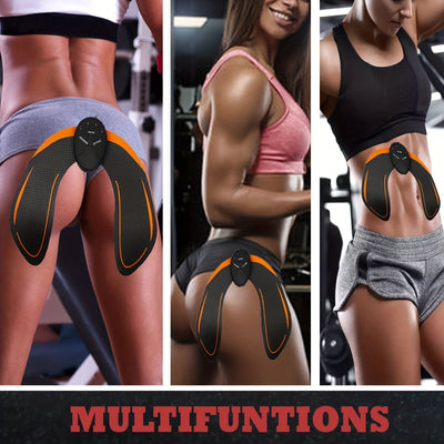 Three people wearing electronic muscle stimulators with 'MULTIFUNTIONS' text at the bottom.