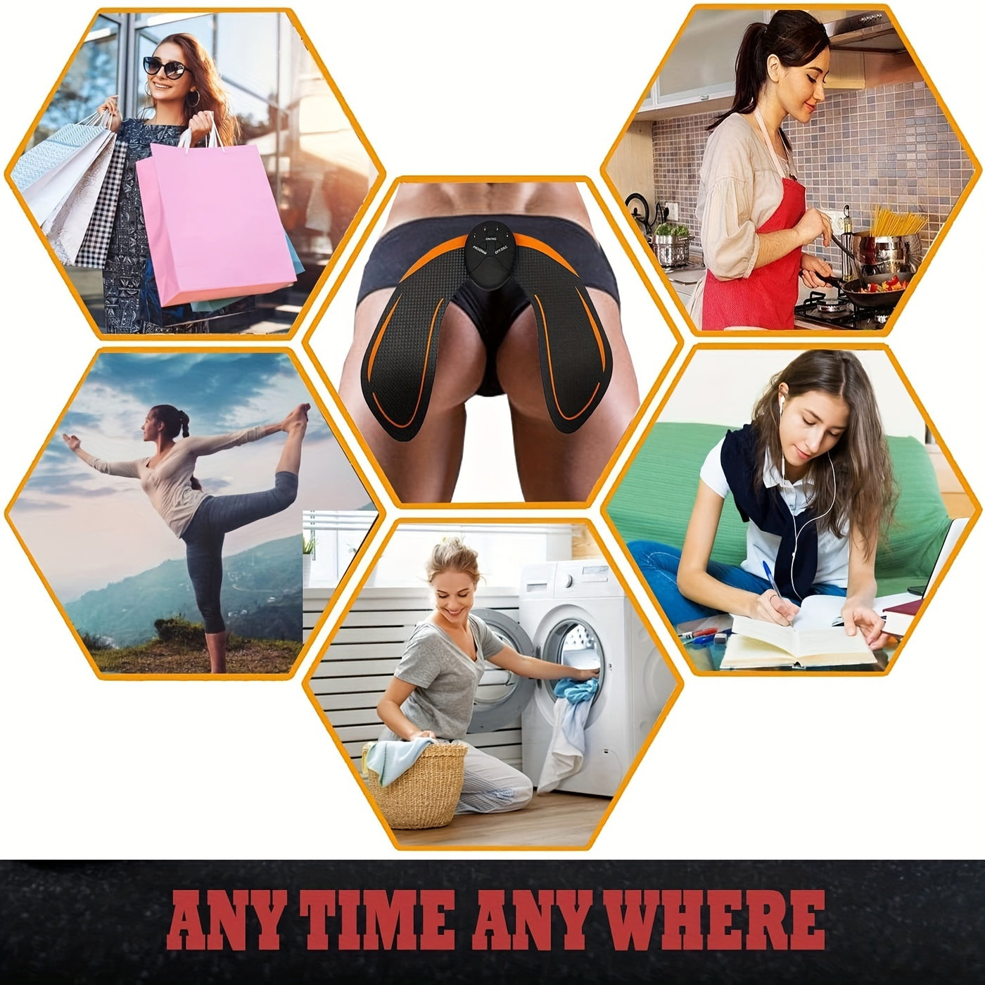 Hexagonal grid of images showing a woman in various activities with text 'Any Time Any Where' at the bottom.