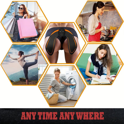 Hexagonal grid of images showing a woman in various activities with text 'Any Time Any Where' at the bottom.
