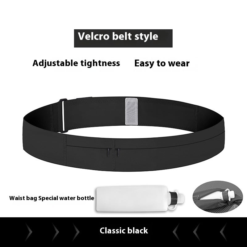 Black velcro belt with waist bag and water bottle attachment on a white background