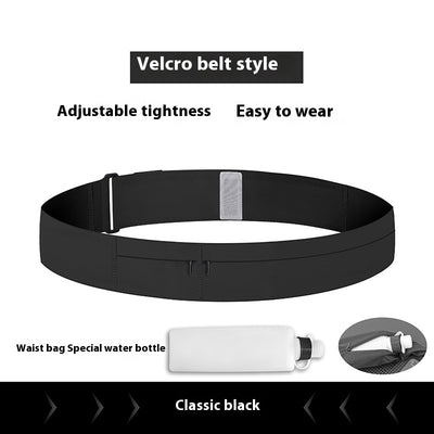 Black velcro belt with waist bag and water bottle attachment on a white background