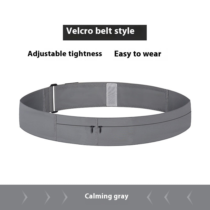 Gray velcro belt with text highlighting features on a white background