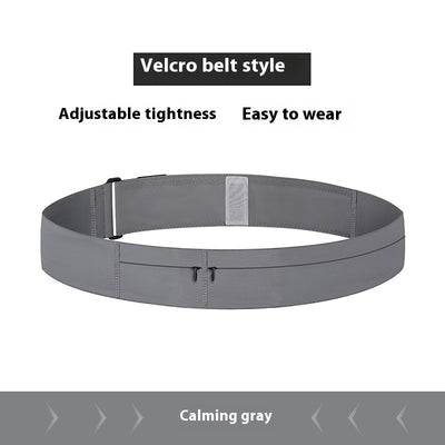 Gray velcro belt with text highlighting features on a white background