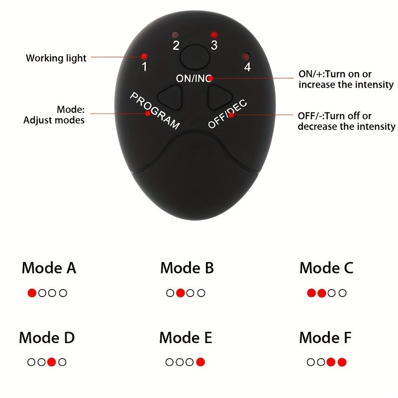 Black remote control with labeled buttons and modes on a white background