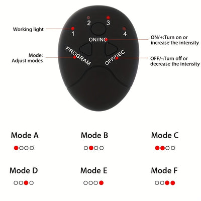 Black remote control with labeled buttons and modes on a white background
