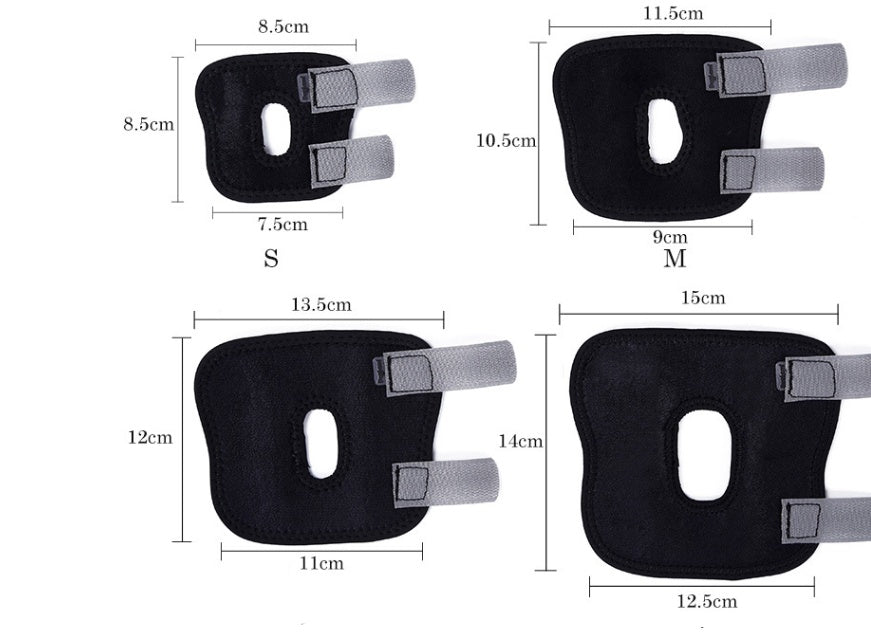 Black protective pads with gray straps and measurements on a white background