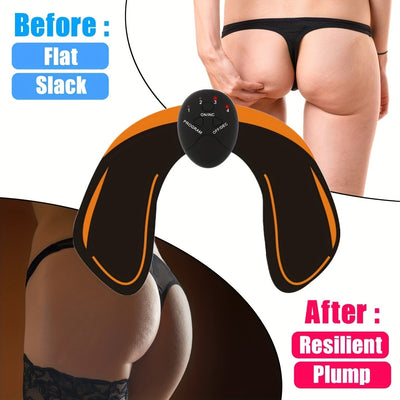 Electrical muscle stimulator device for body shaping with before and after effects on a person.