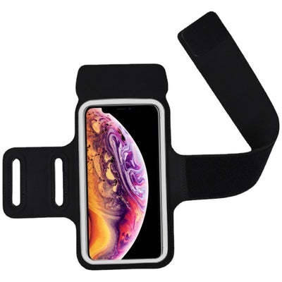 Black armband with a phone case displaying a colorful phone screen on a white background