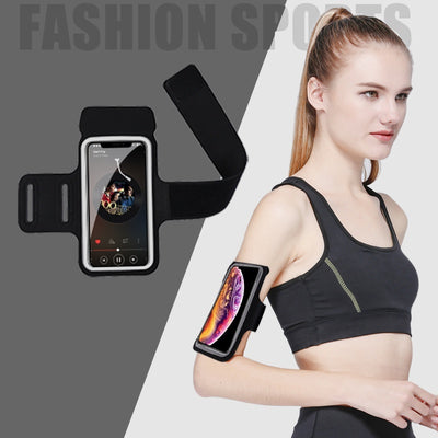 Woman wearing a black sports bra with an arm band holding a phone, with 'Fashion Sports' text in the background.