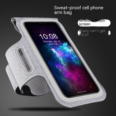 Sweat-proof phone arm bag with smartphone displaying colorful screen on a dark background