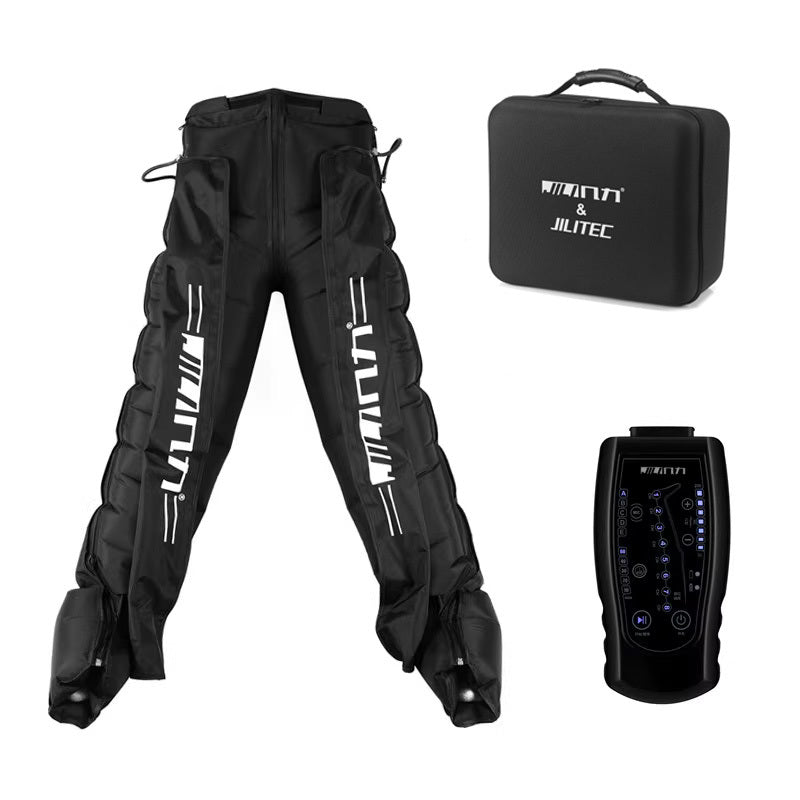 Black protective pants with white branding, black carrying case, and black electronic device on a white background.