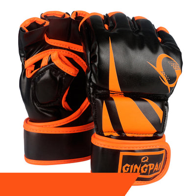 Black and orange martial arts gloves with visible brand logo