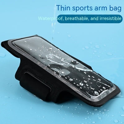 Thin sports arm bag with waterproof feature on a blue background